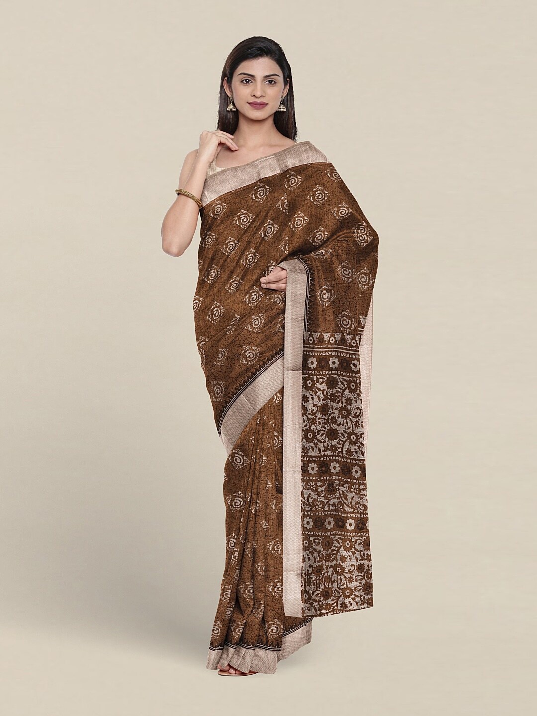 

Pothys Geometric Printed Zari Pure Cotton Saree, Brown