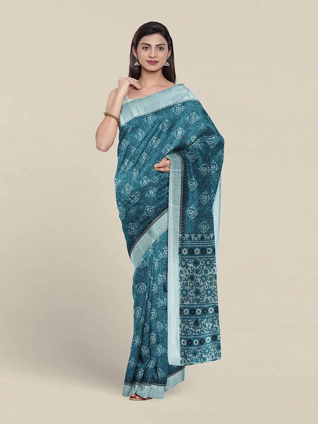 

Pothys Floral Printed Zari Pure Cotton Saree, Blue