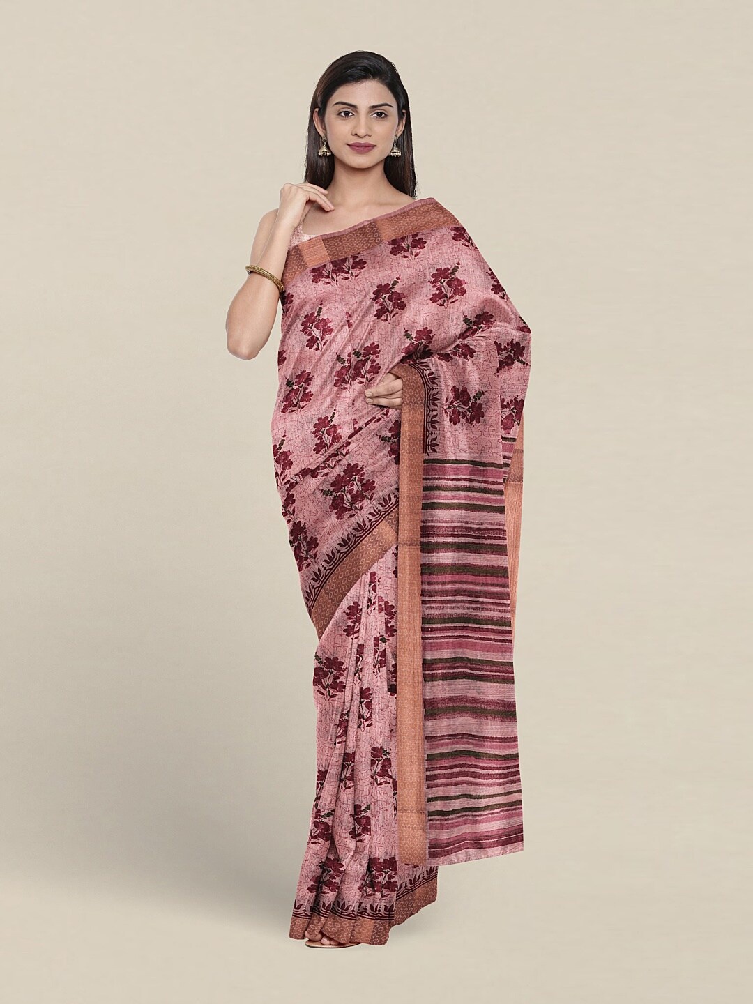 

Pothys Floral Zari Pure Cotton Saree With Blouse Piece, Pink
