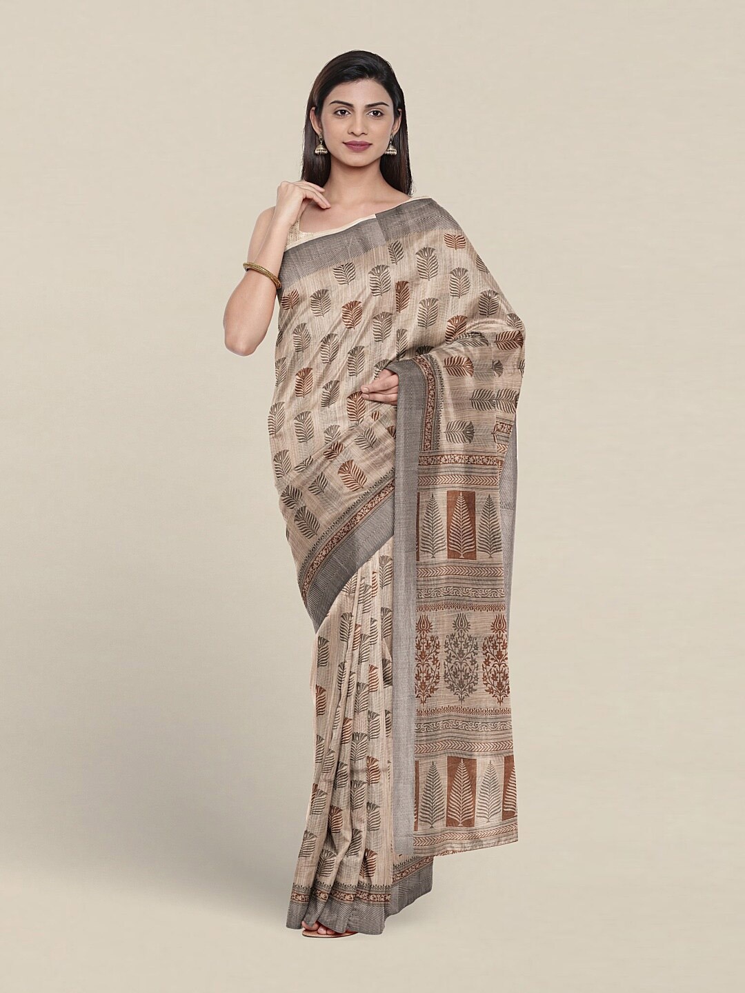 

Pothys Floral Printed Zari Pure Cotton Saree, Beige