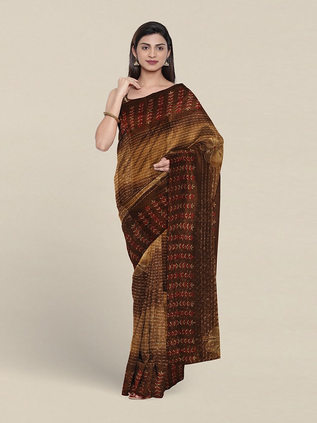 

Pothys Striped Printed Zari Saree, Brown