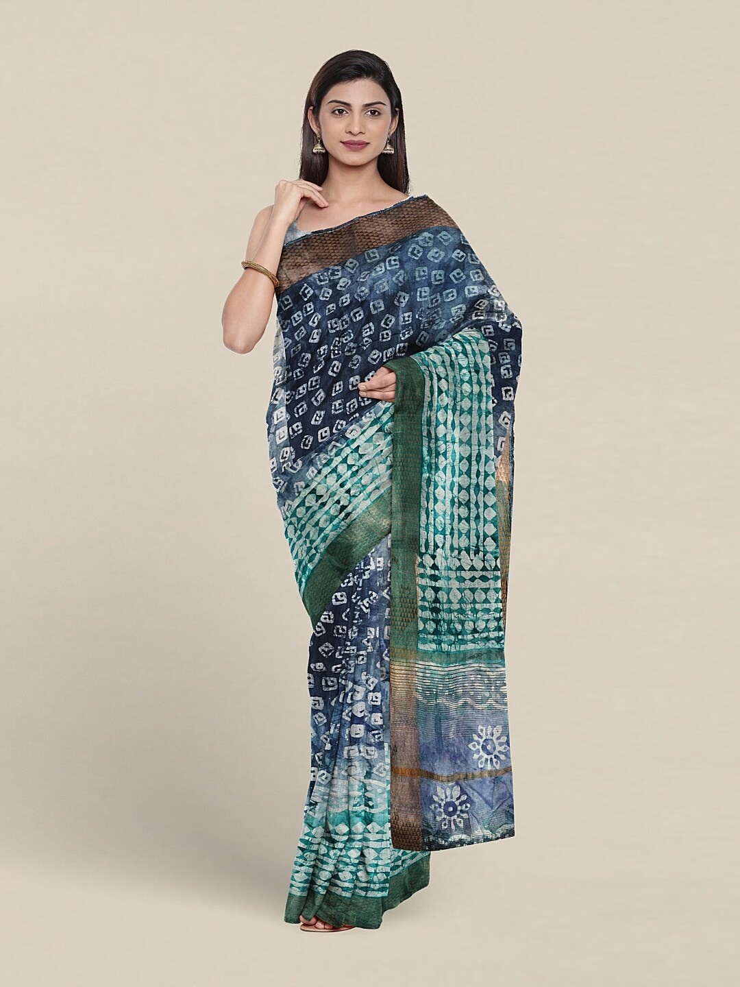 

Pothys Geometric Printed Green Zari Saree, Blue