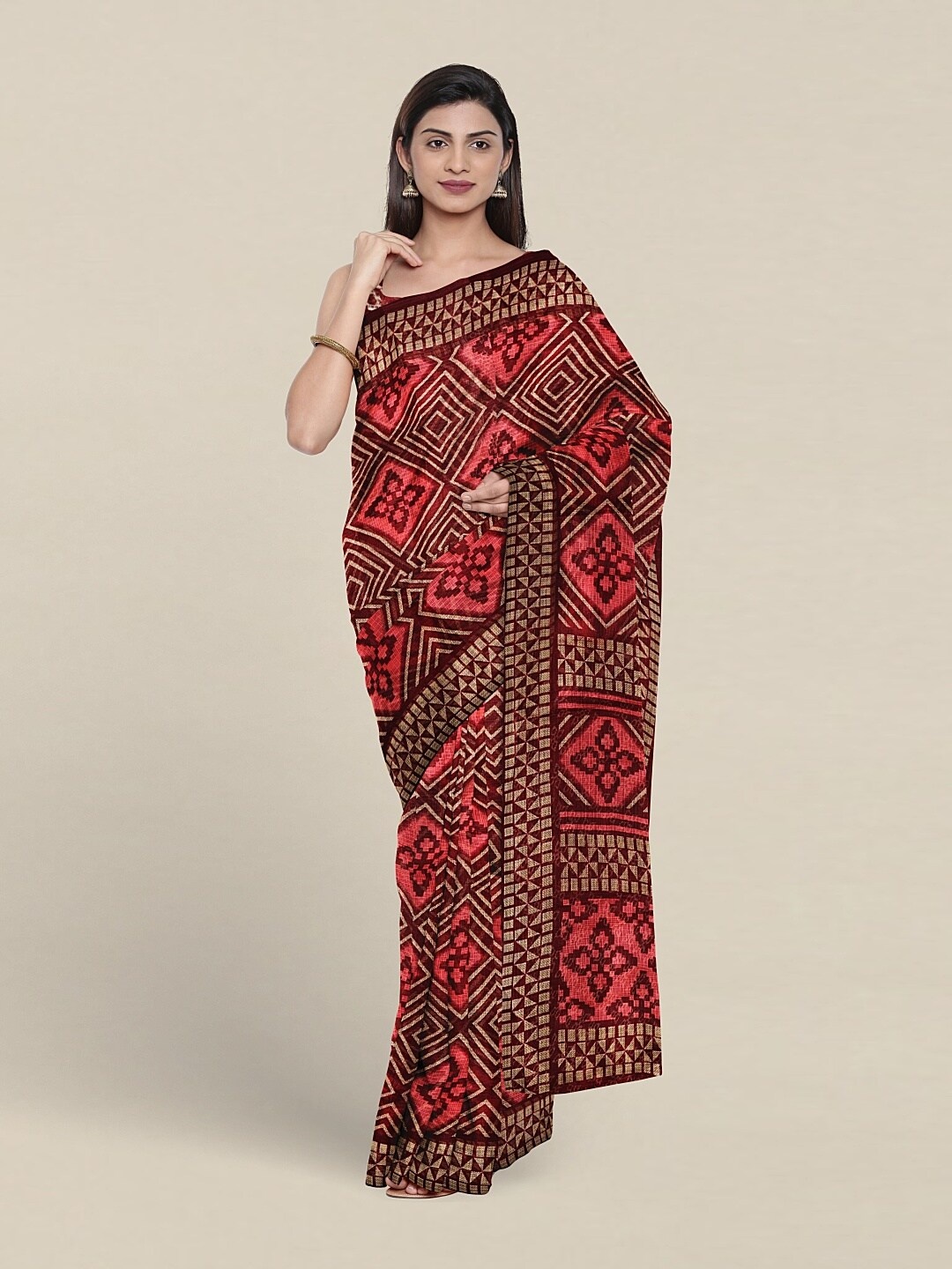 

Pothys Geometric Cotton Blend Saree With Blouse Piece, Red