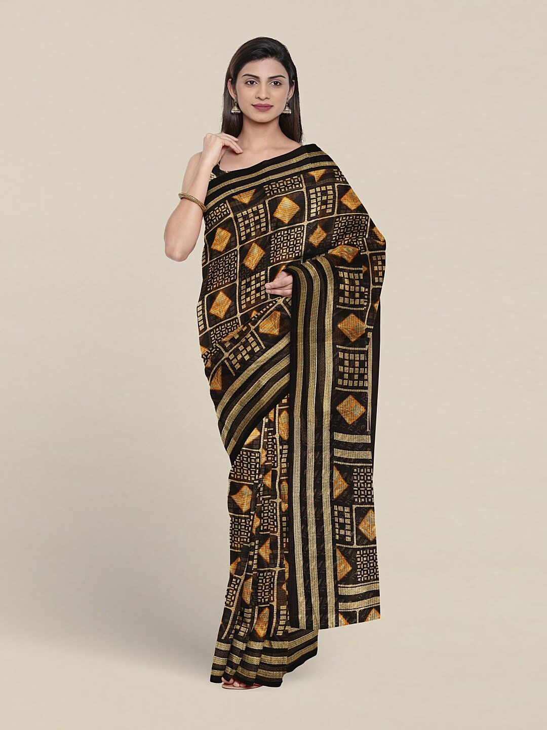 

Pothys Geometric Printed Zari Saree, Black