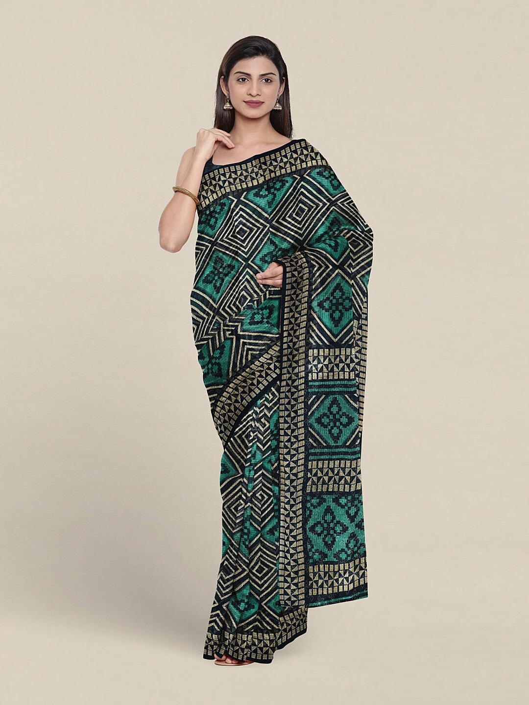 

Pothys Geometric Cotton Blend Saree With Blouse Piece, Green