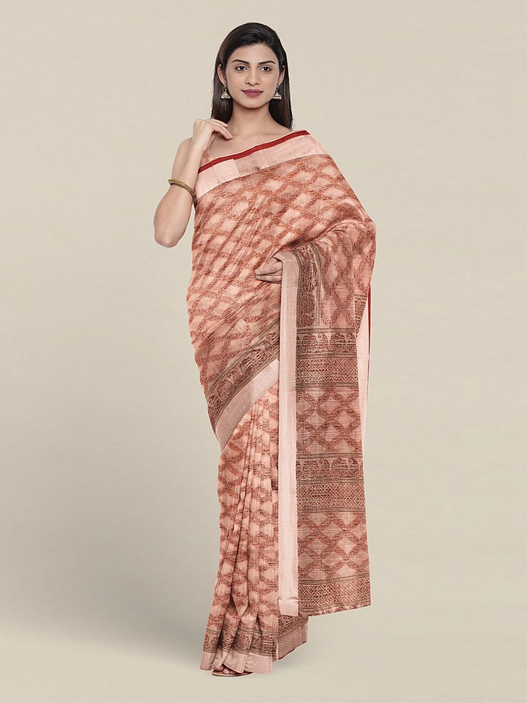 

Pothys Geometric Printed Zari Pure Cotton Saree, Peach