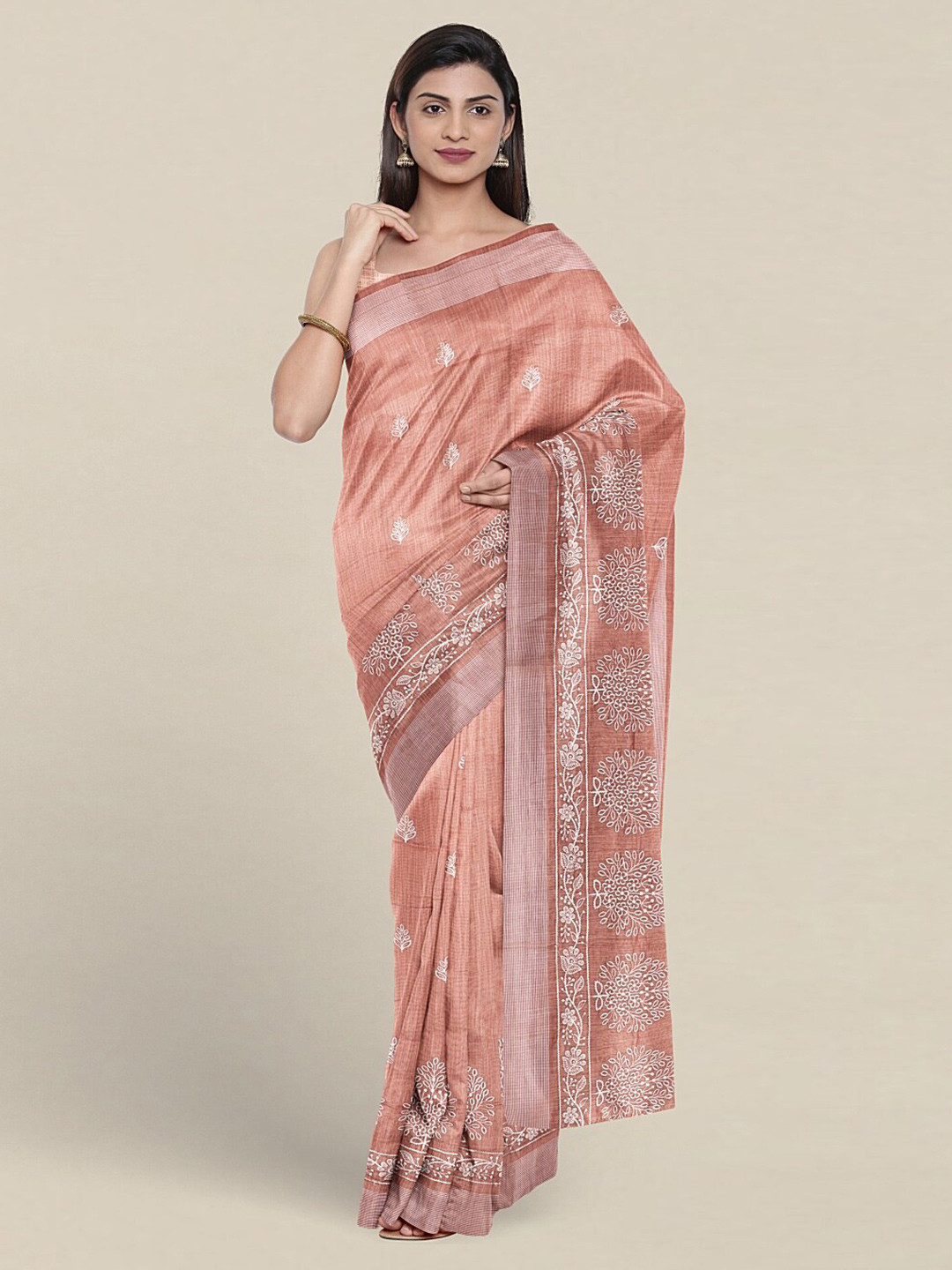 

Pothys Floral Embroidered Pure Cotton Saree, Peach