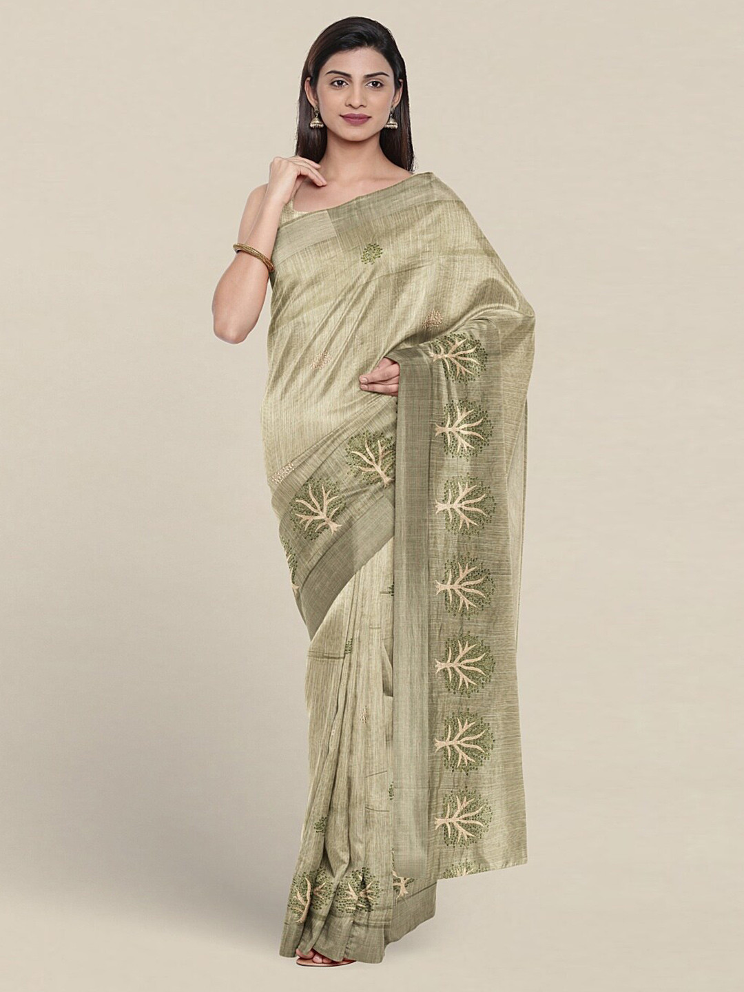 

Pothys Floral Embroidered Zari Pure Cotton Saree, Green