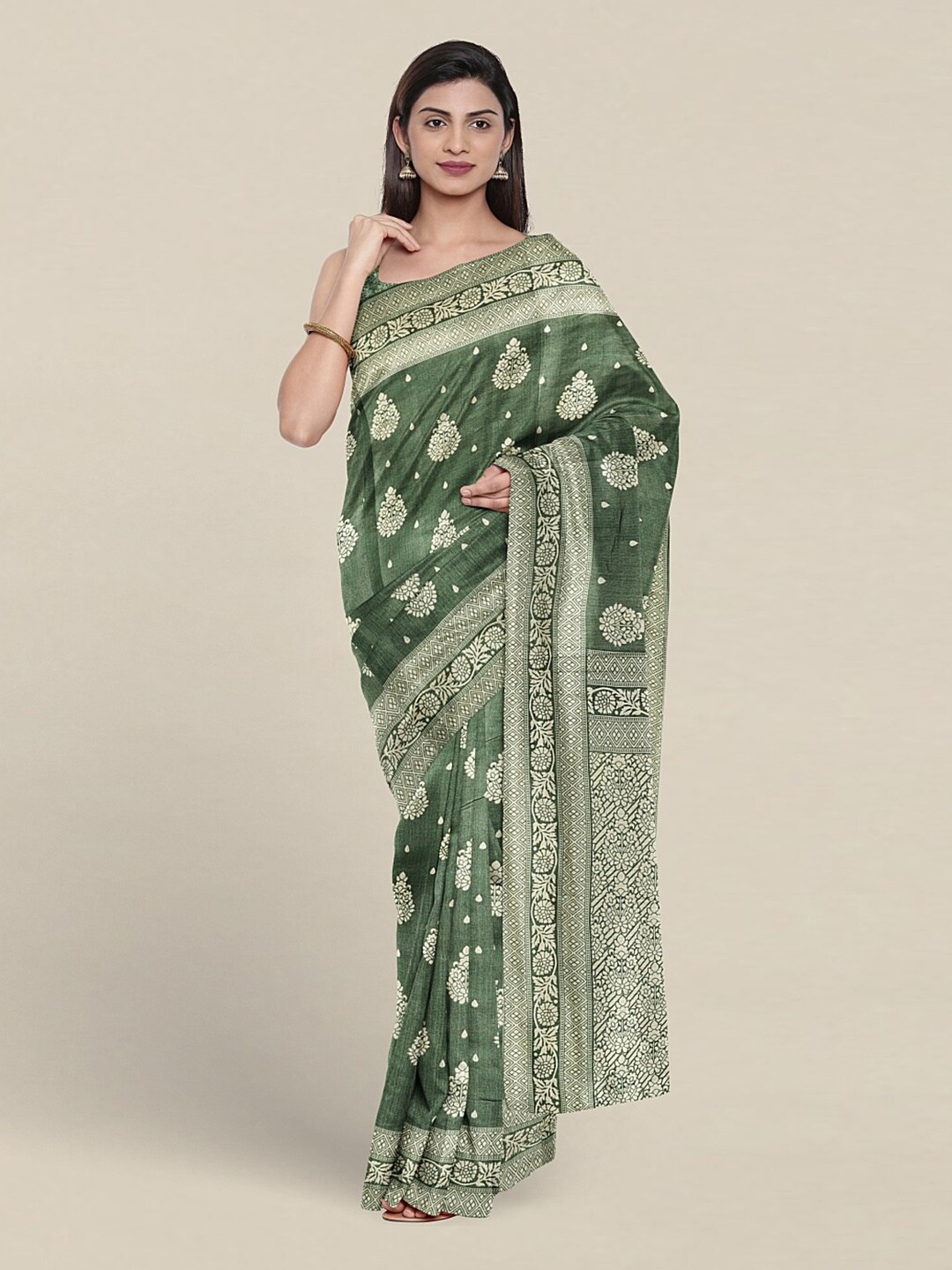 

Pothys Ethnic Motifs Printed Zari Saree, Green