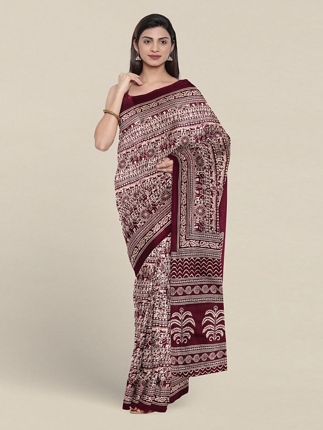 

Pothys Ethnic Motif Cotton Blend Saree With Blouse Piece, Cream