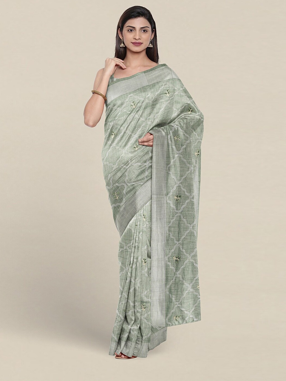

Pothys Geometric Embroidered Pure Cotton Saree, Green