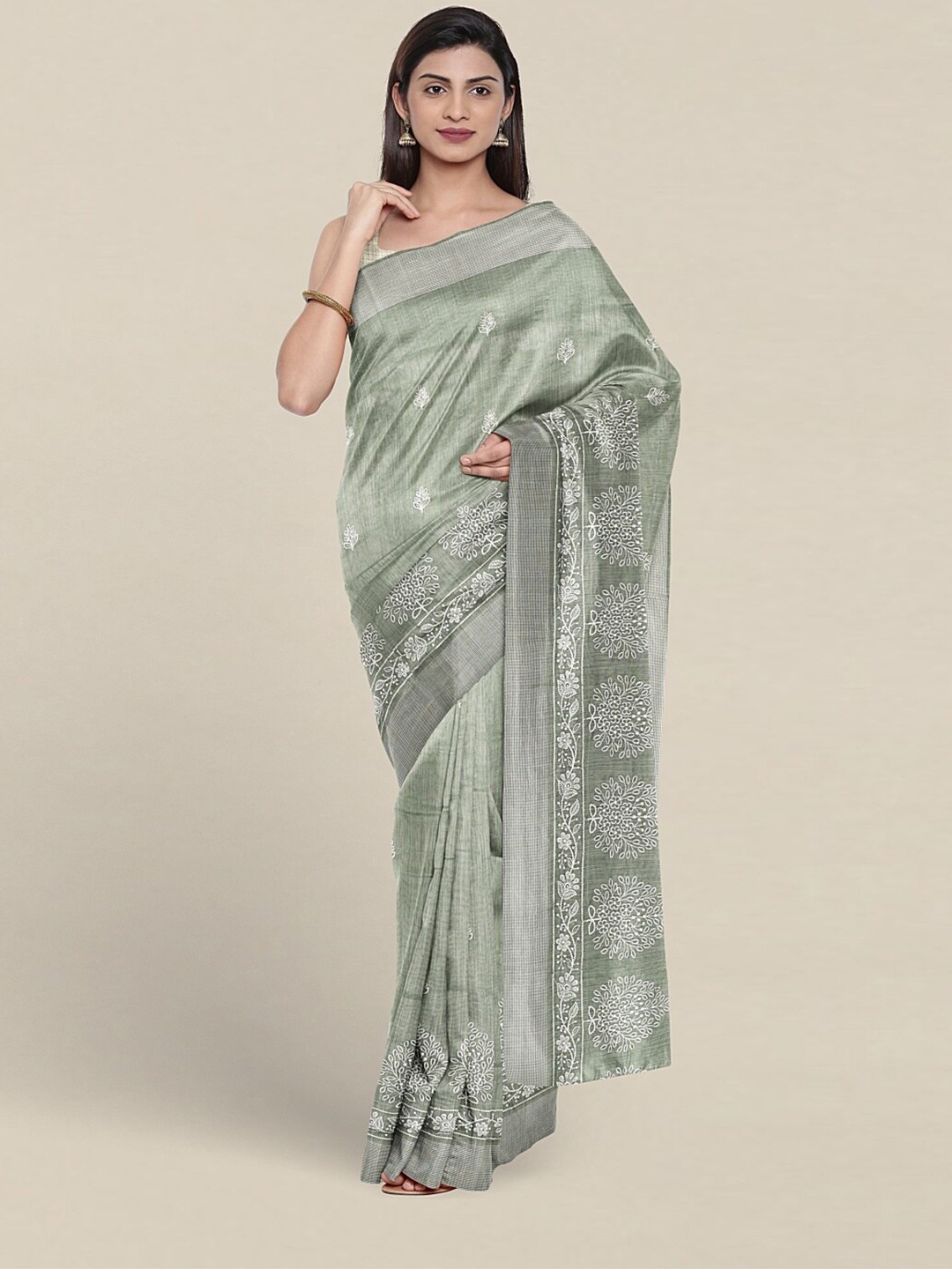 

Pothys Floral Embroidered Pure Cotton Saree, Green