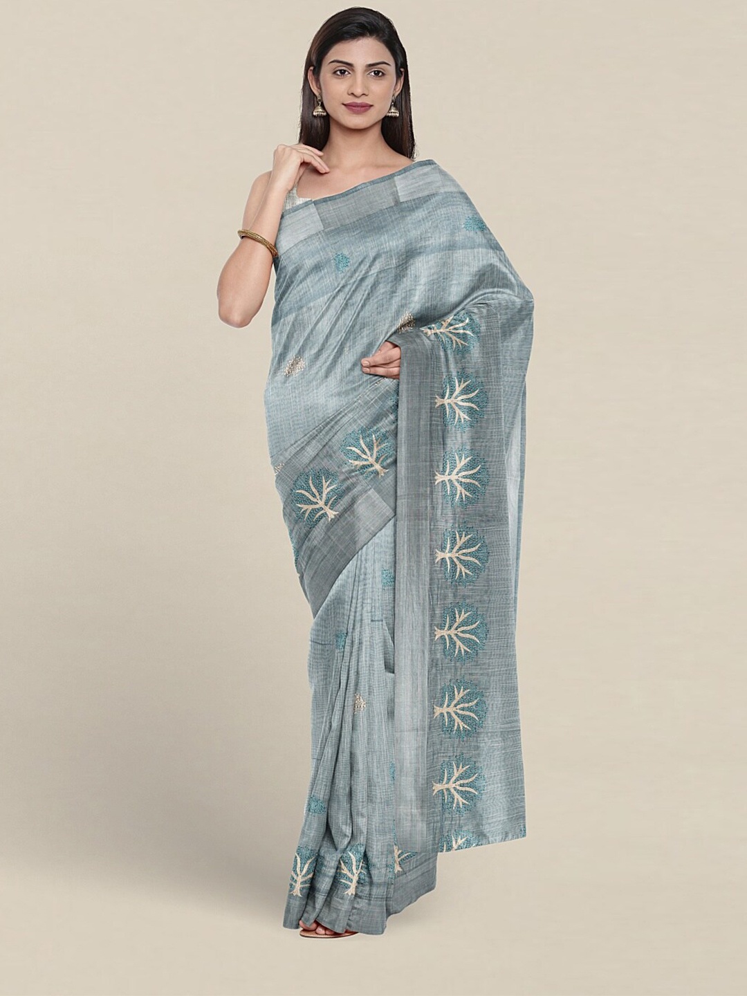 

Pothys Floral Embroidered Zari Pure Cotton Saree, Blue