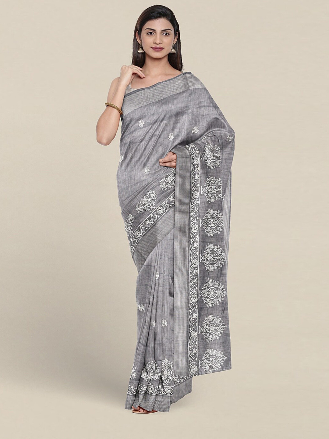 

Pothys Floral Embroidered Pure Cotton Saree, Grey