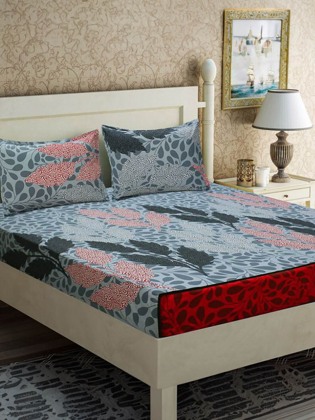 

HOMETALES Grey & Red Floral Printed Cotton 144 TC King Bedsheet With 2 Pillow Covers