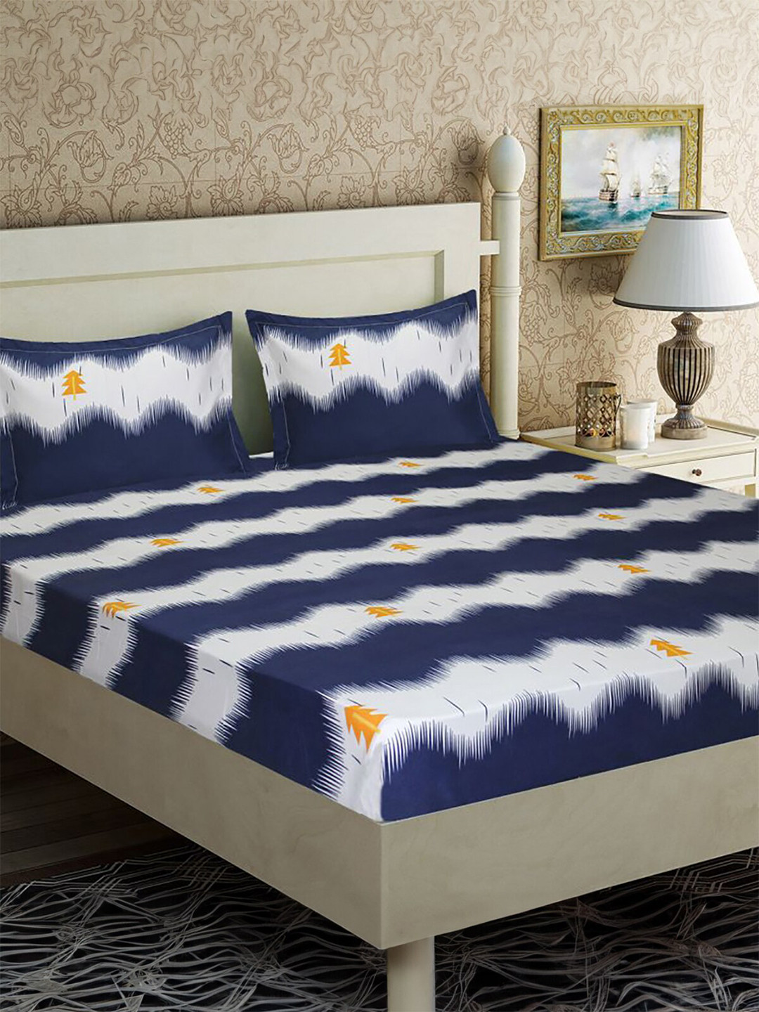 

HOMETALES Navy Blue & White Printed Microfiber 160 TC King Bedsheet With 2 Pillow Covers