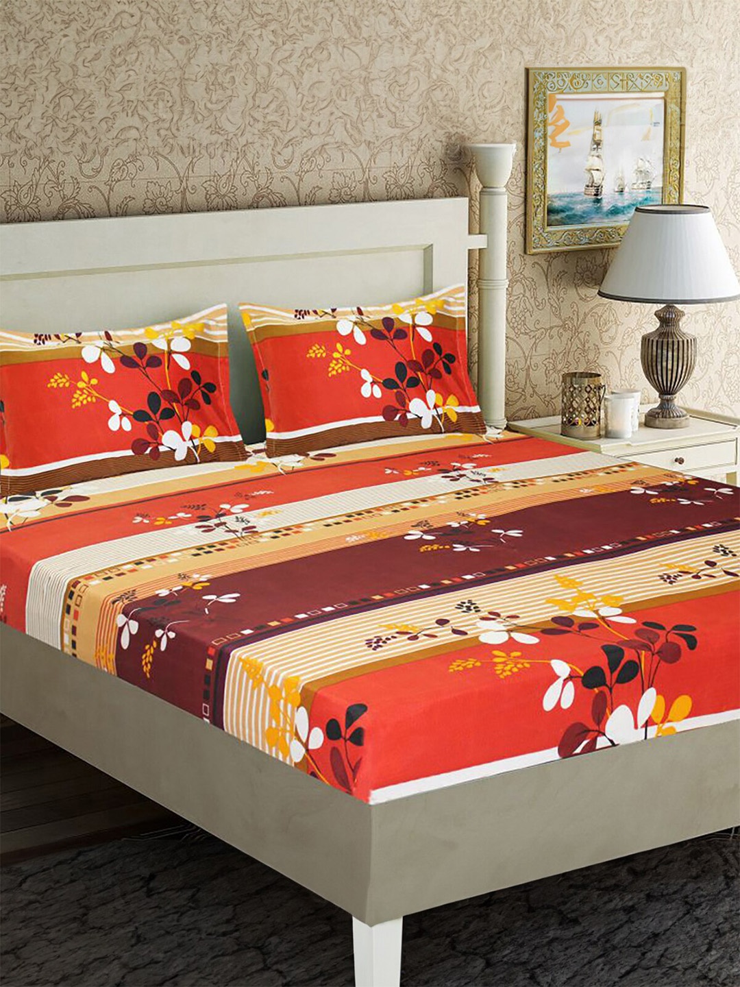 

HOMETALES Red & White Floral Microfiber 110 TC King Bedsheet With 2 Pillow Covers