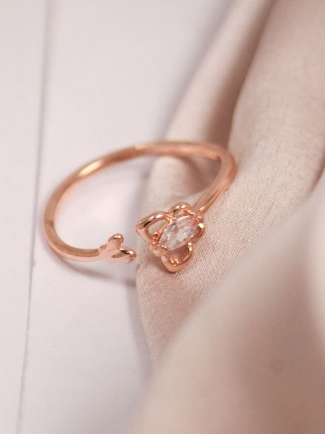 

SALTY Gold-Plated Stone-Studded Butterfly & Lily Engraved Adjustable Ring