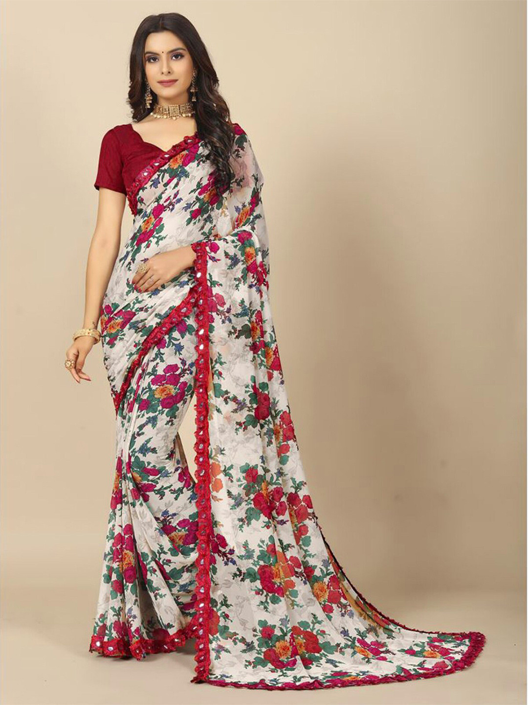 

Rangita Floral Printed Mirror Work Saree, Off white