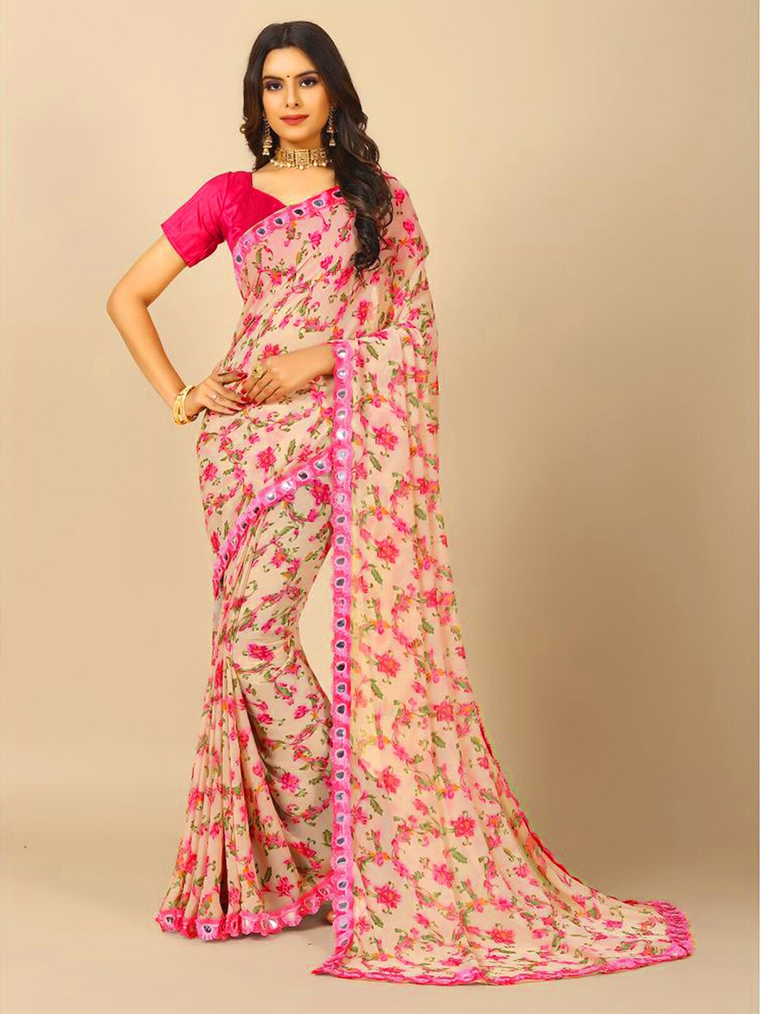 

Rangita Floral Printed Mirror Work Saree, Beige