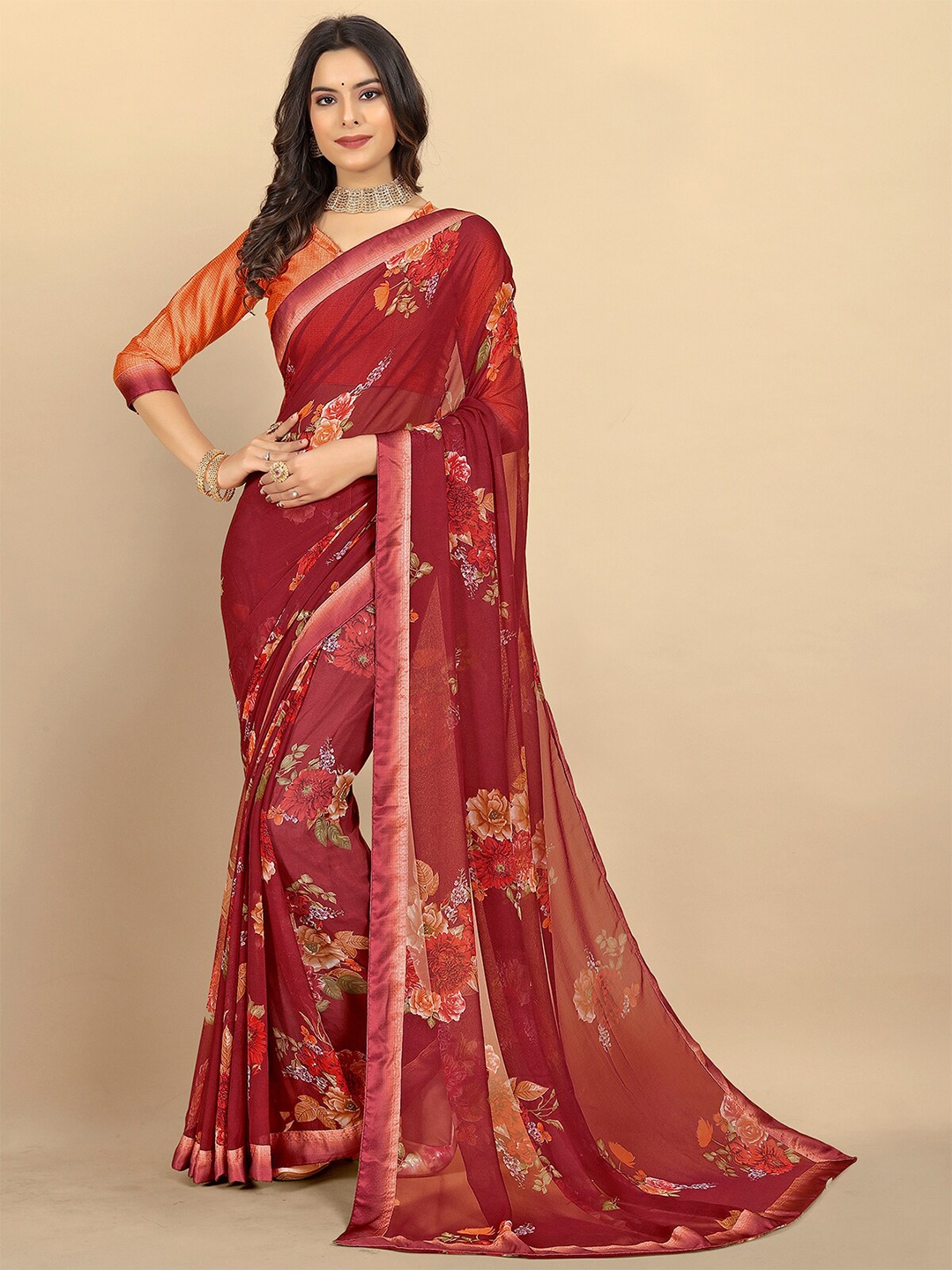 

Rangita Floral Printed Saree, Maroon