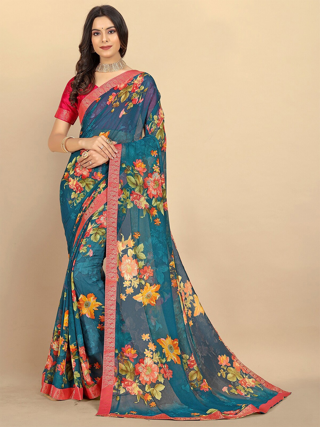 

Rangita Floral Printed Saree, Teal