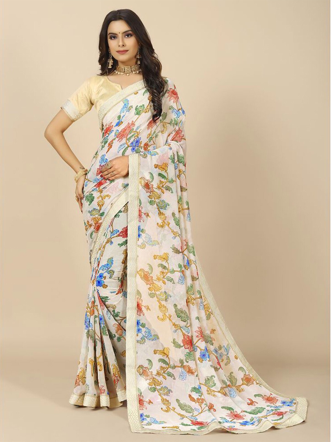 

Rangita Floral Printed Saree, Off white