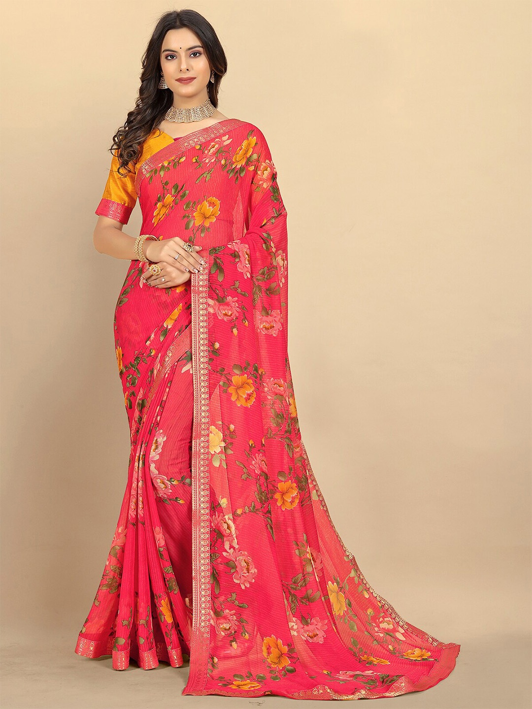 

Rangita Floral Printed Zari Saree, Coral