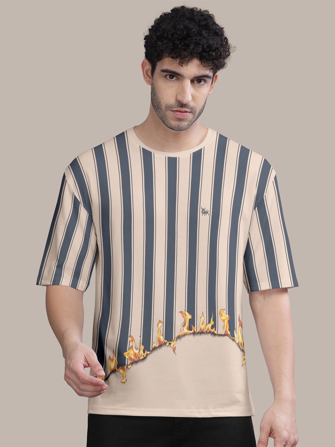 

BULLMER Vertical Striped Round Neck Oversized Cotton T-shirt, Beige