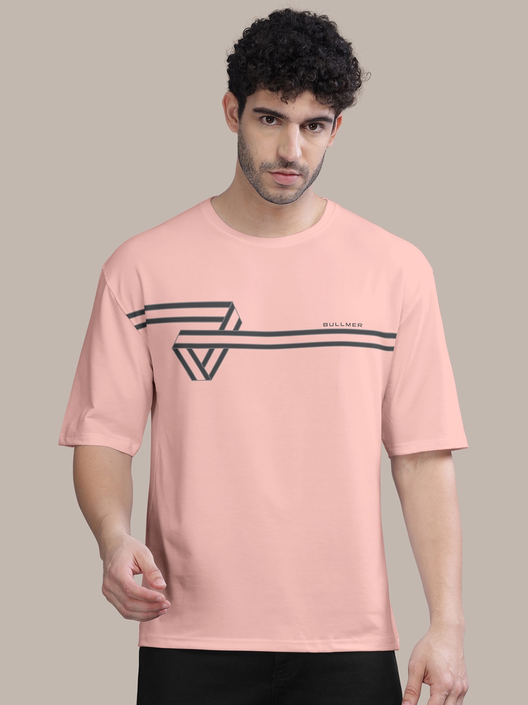 

BULLMER Geometric Printed Oversized Pure Cotton T-shirt, Peach
