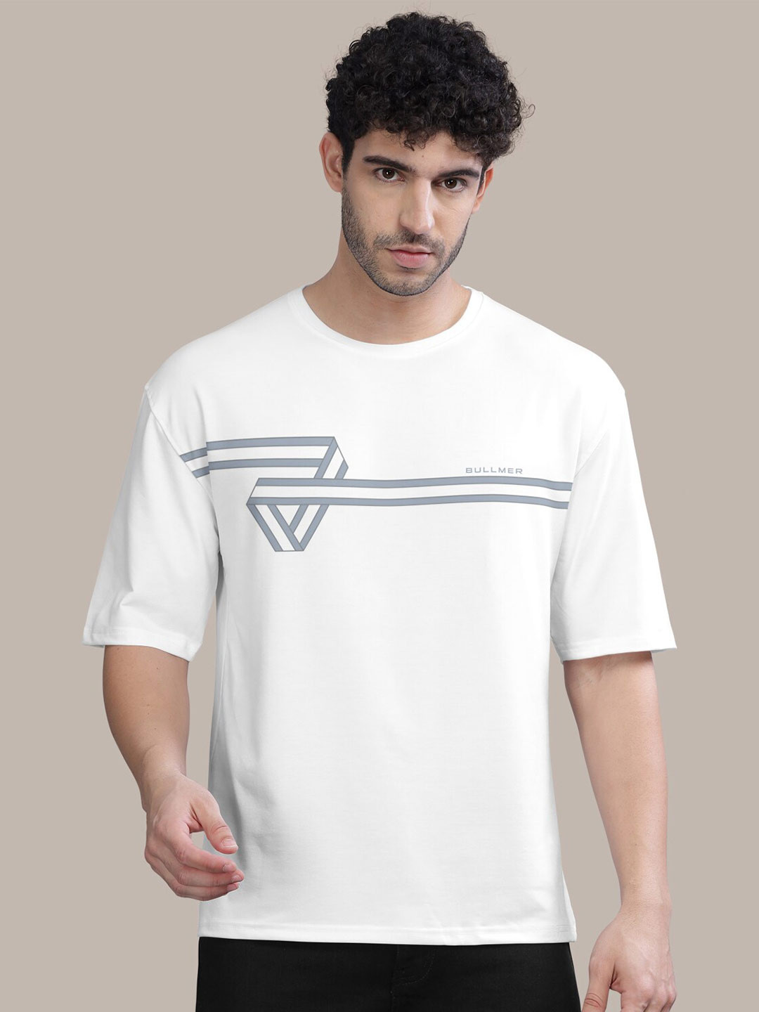 

BULLMER Abstract Printed Round Neck Oversized Cotton T-shirt, White