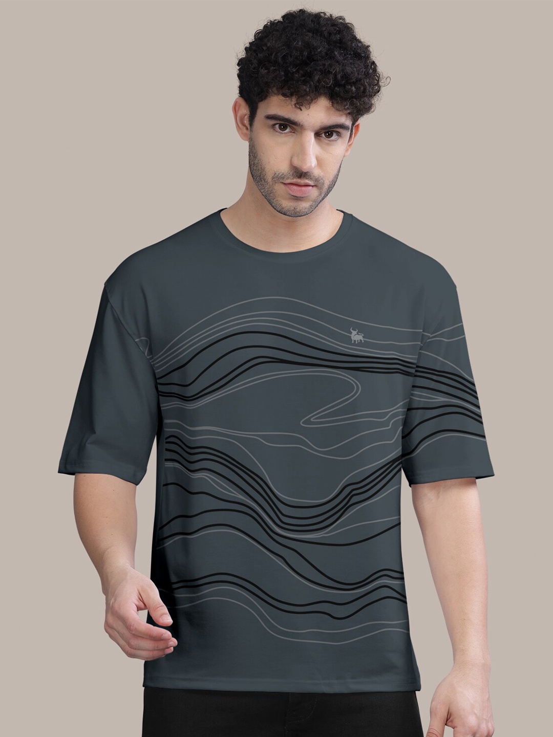 

BULLMER Abstract Printed Round Neck Oversized Cotton T-shirt, Grey