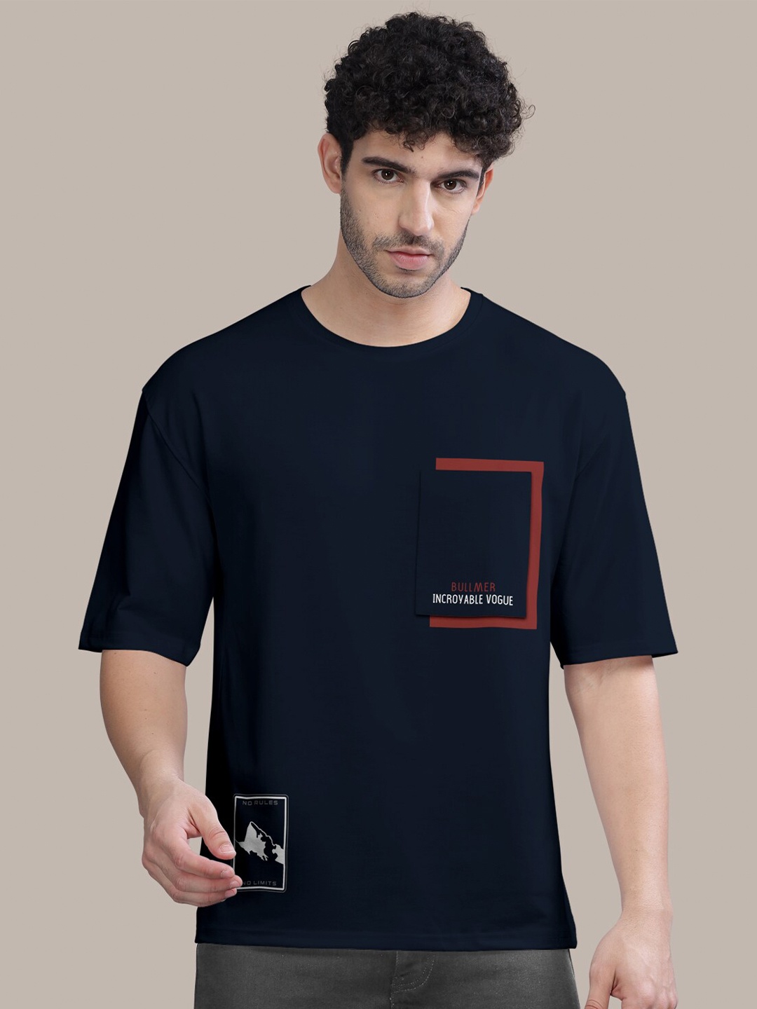

BULLMER Abstract Printed Oversized Cotton T-shirt, Navy blue