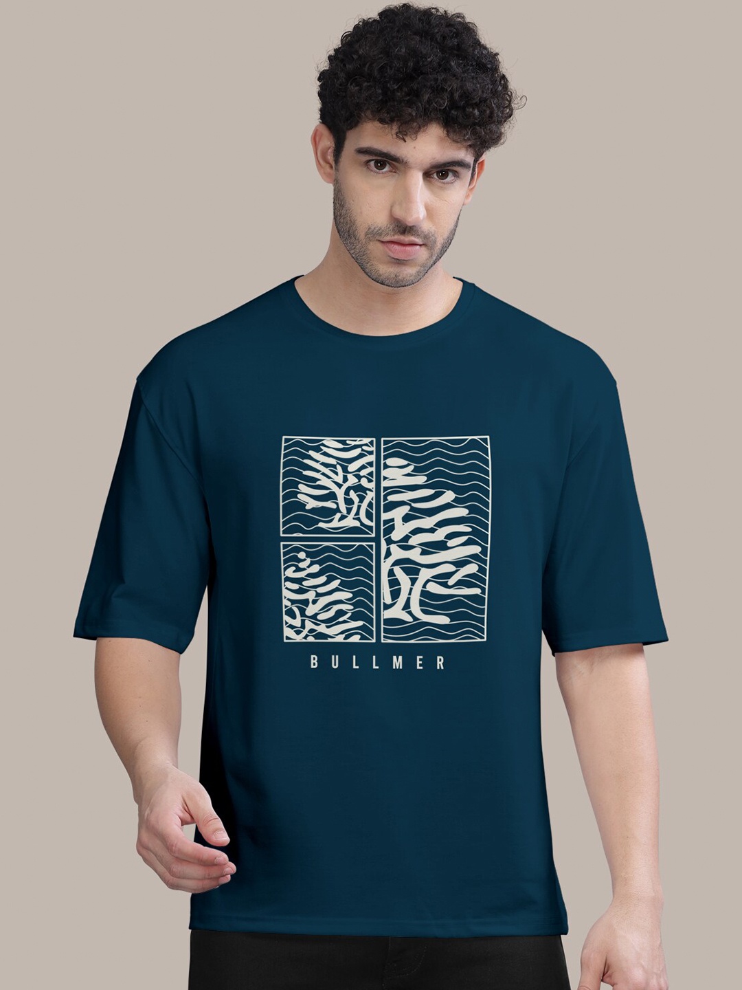 

BULLMER Graphic Printed Round Neck Oversized Cotton T-shirt, Blue
