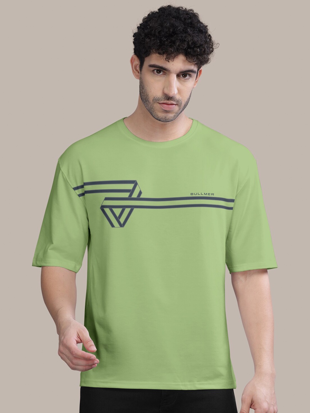 

BULLMER Stripped Round Neck Oversized Cotton T-shirt, Green