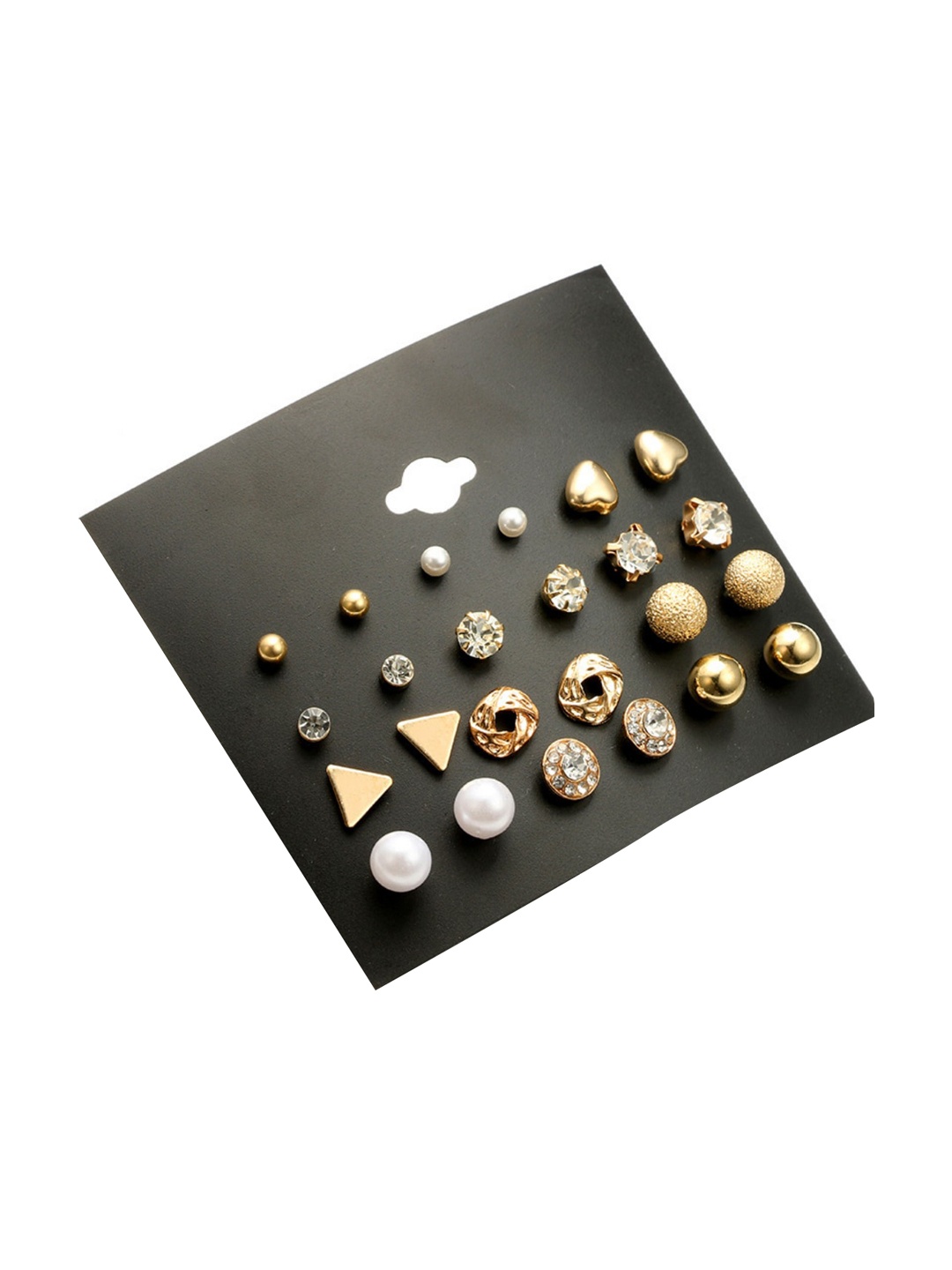 

SALTY Set Of 12 Stone Studded & Beaded Contemporary Studs Earrings, Gold
