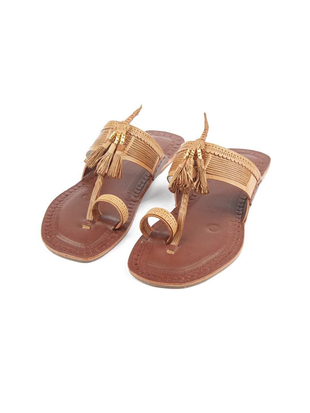 

KORAKARI Textured Leather Tassel One Toe Flats, Brown