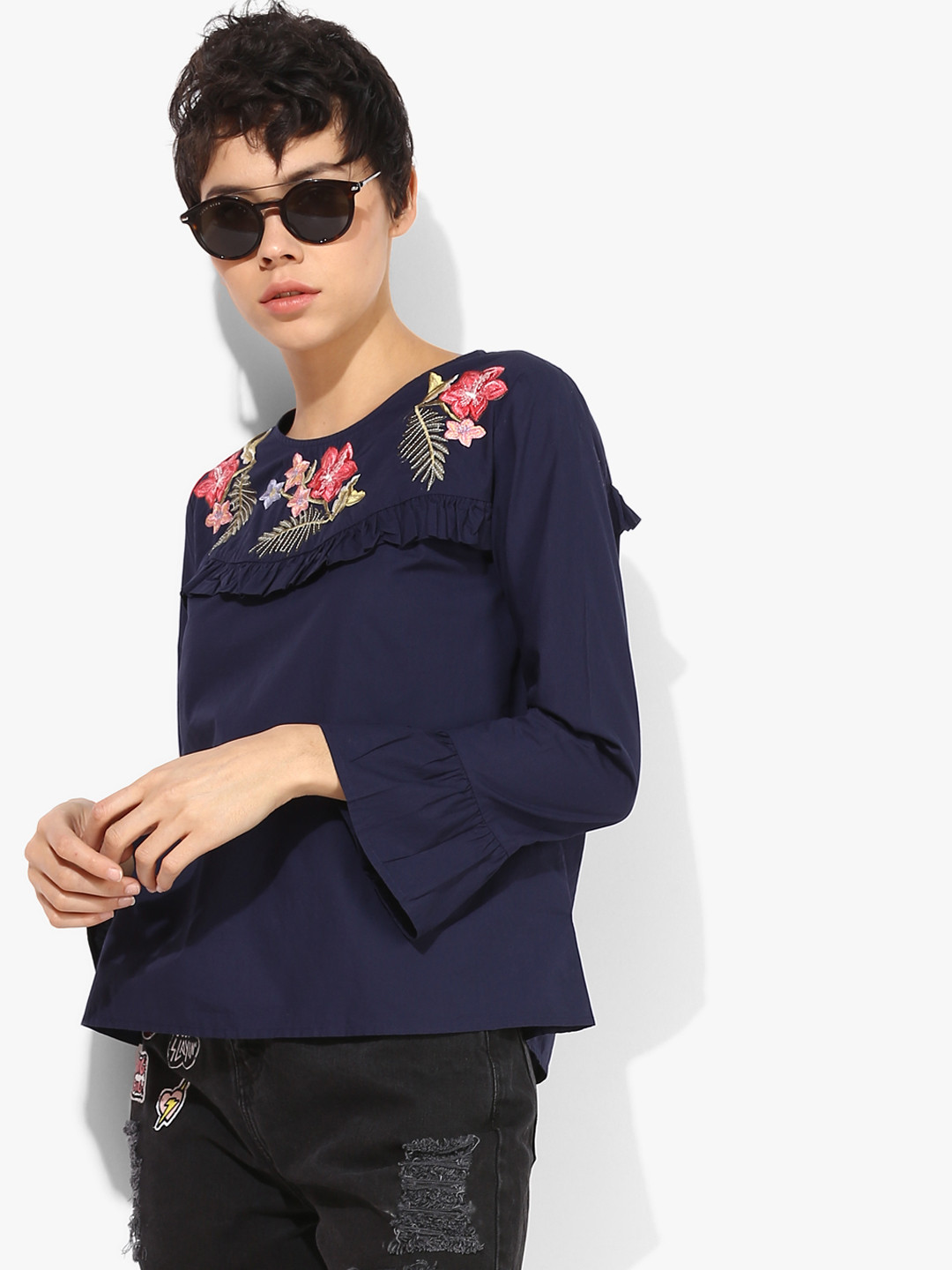 

Splash Navy Self-Design A-Line Pure Cotton Top, Navy blue