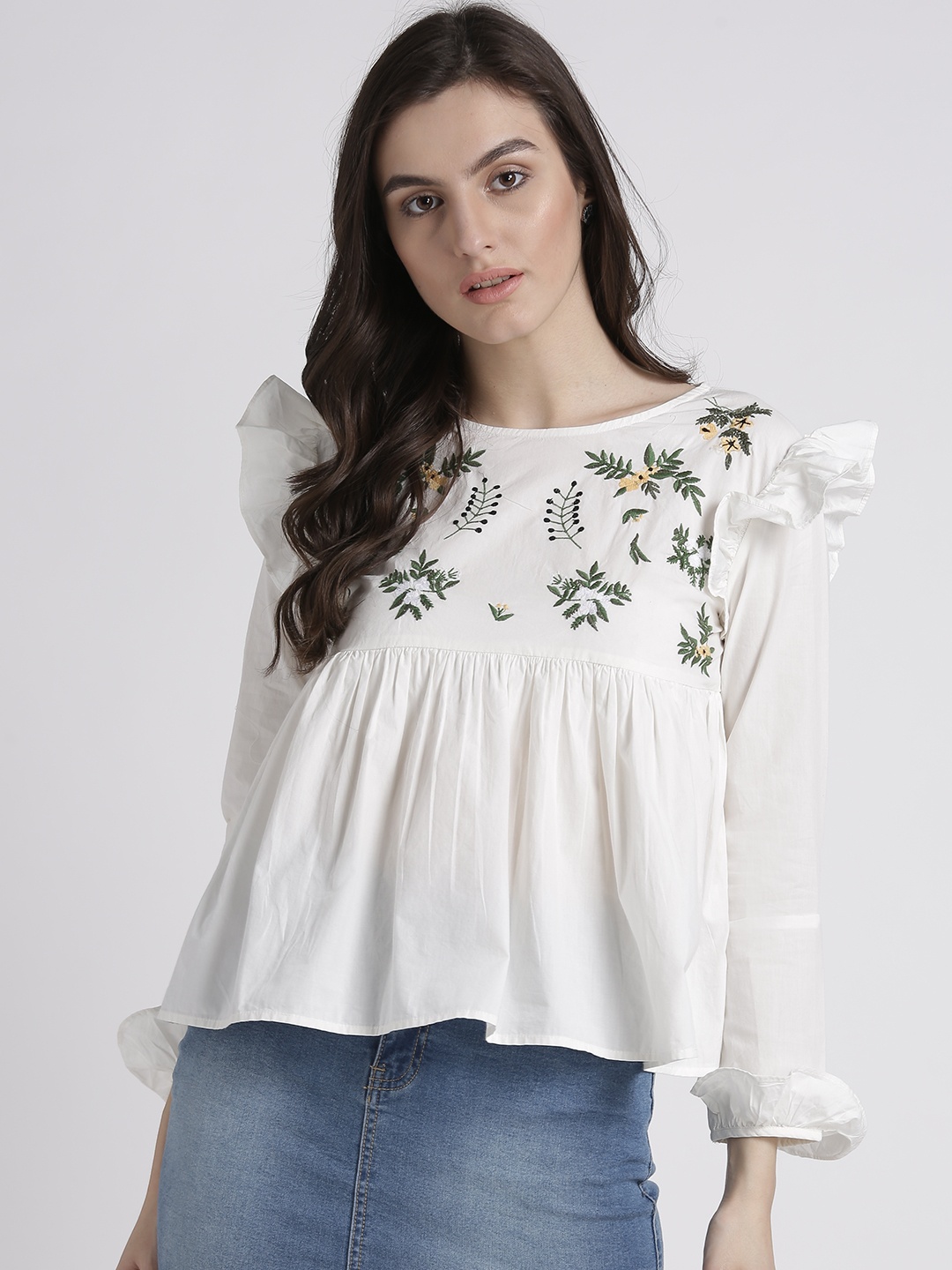 

Splash Women Off-White Embroidered A-Line Pure Cotton Top with Ruffles
