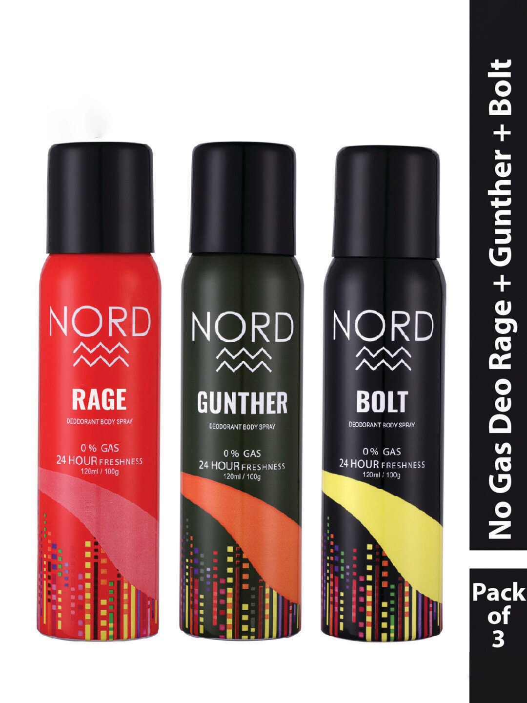 

NORD Men Set Of 3 Rage Gunther & Bolt Body Spray Deodorants 100g Each, Black