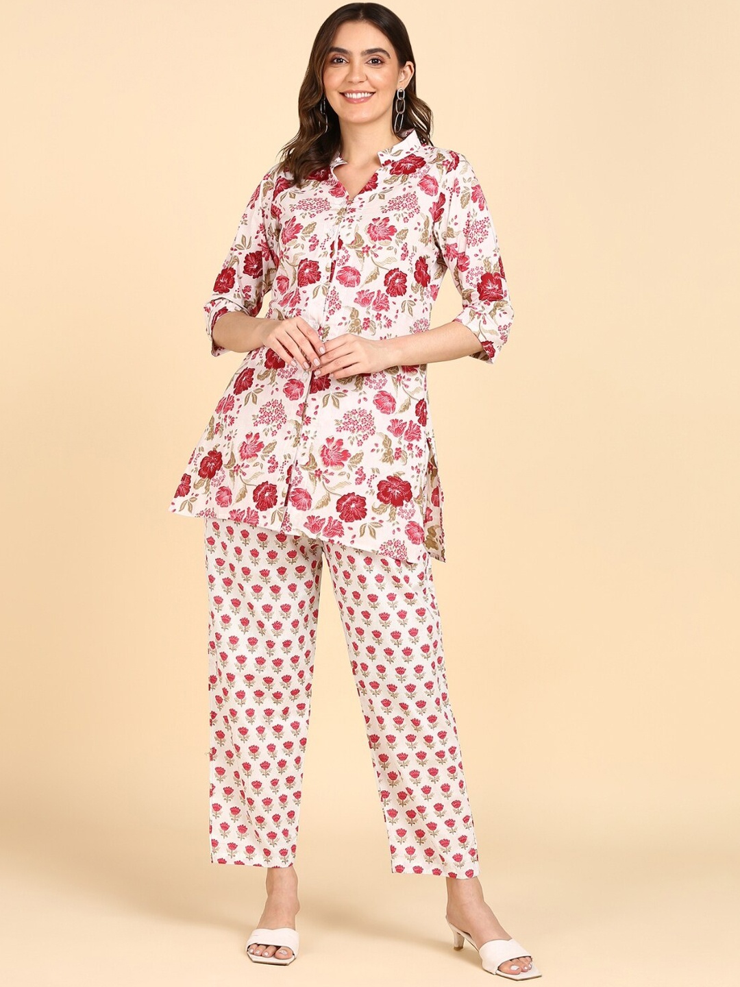 

VEDANA Floral Printed Pure Cotton Top With Trousers, White