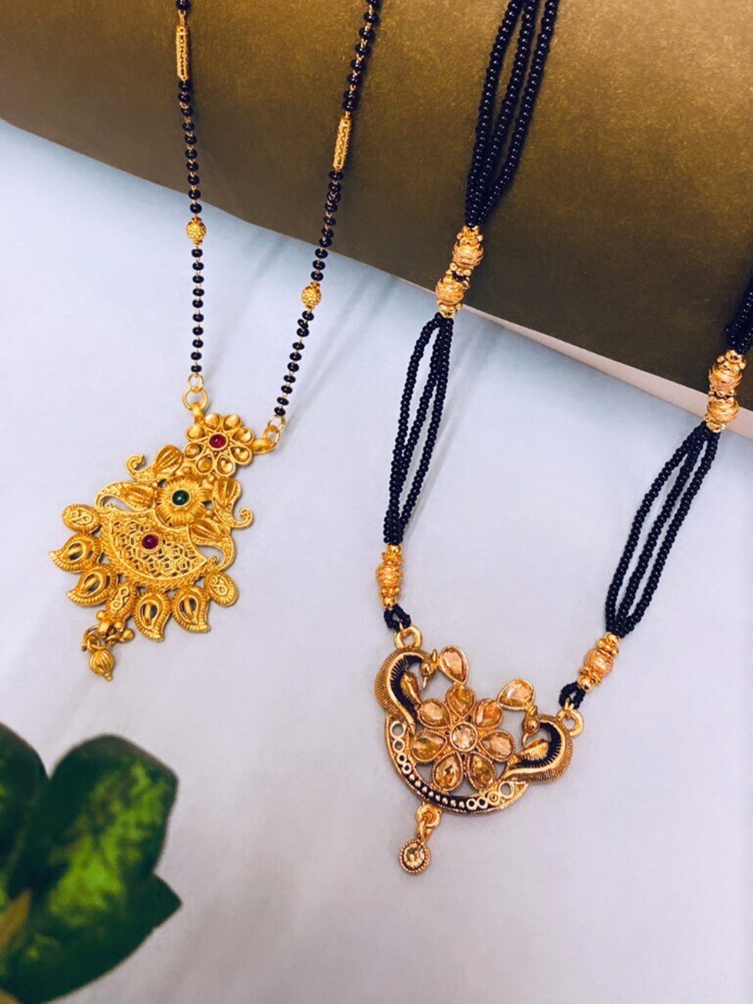 

ATIBELLE Set Of 2 Gold Plated Stone Studded & Beaded Mangalsutras