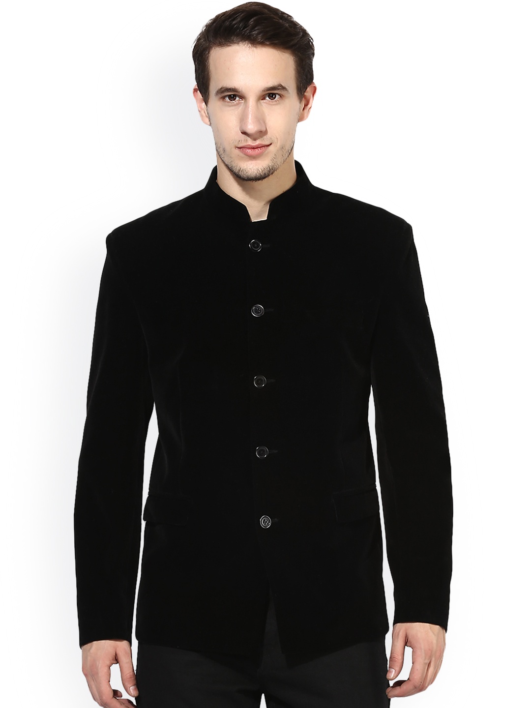 

Hangup Men Black Regular Fit Single-Breasted Velvet Ethnic Bandhgala Blazer