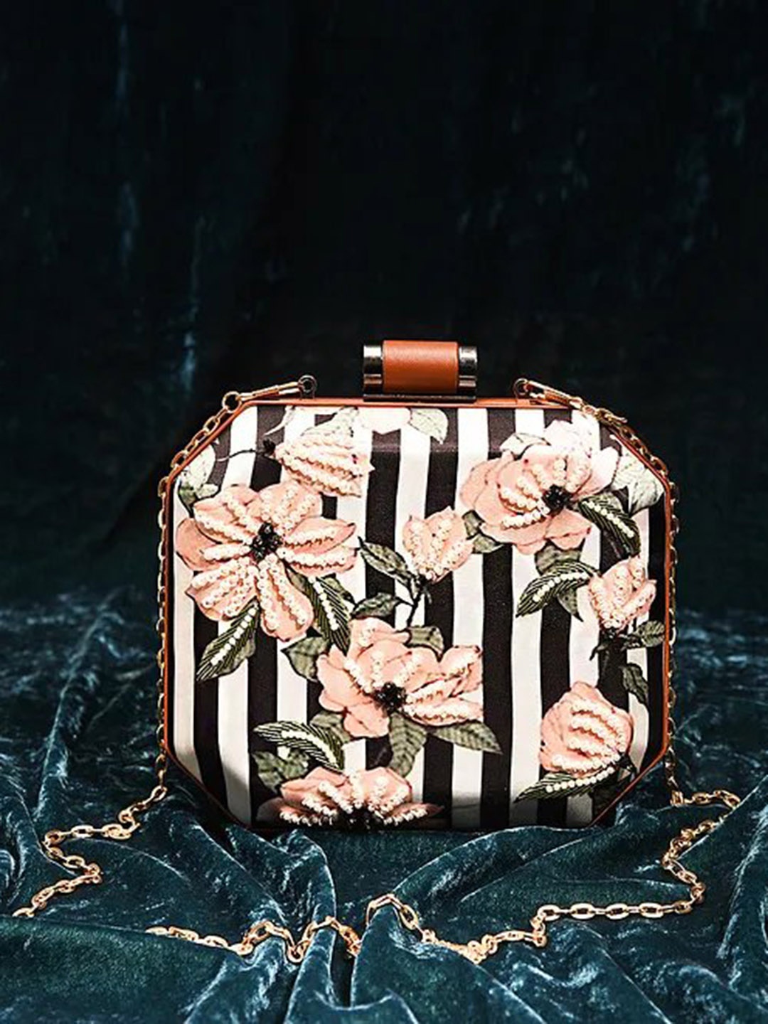 

Jalwa Art Floral Printed Embellished Box Clutch, Black