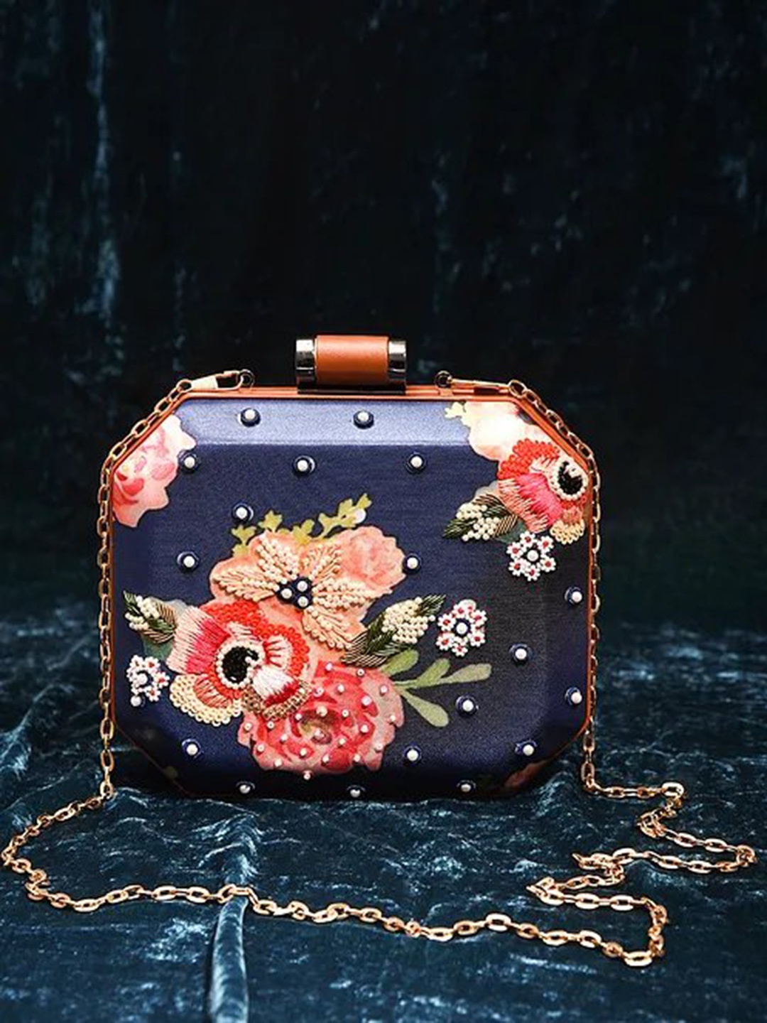 

Jalwa Art Floral Printed Embellished Box Clutch, Blue