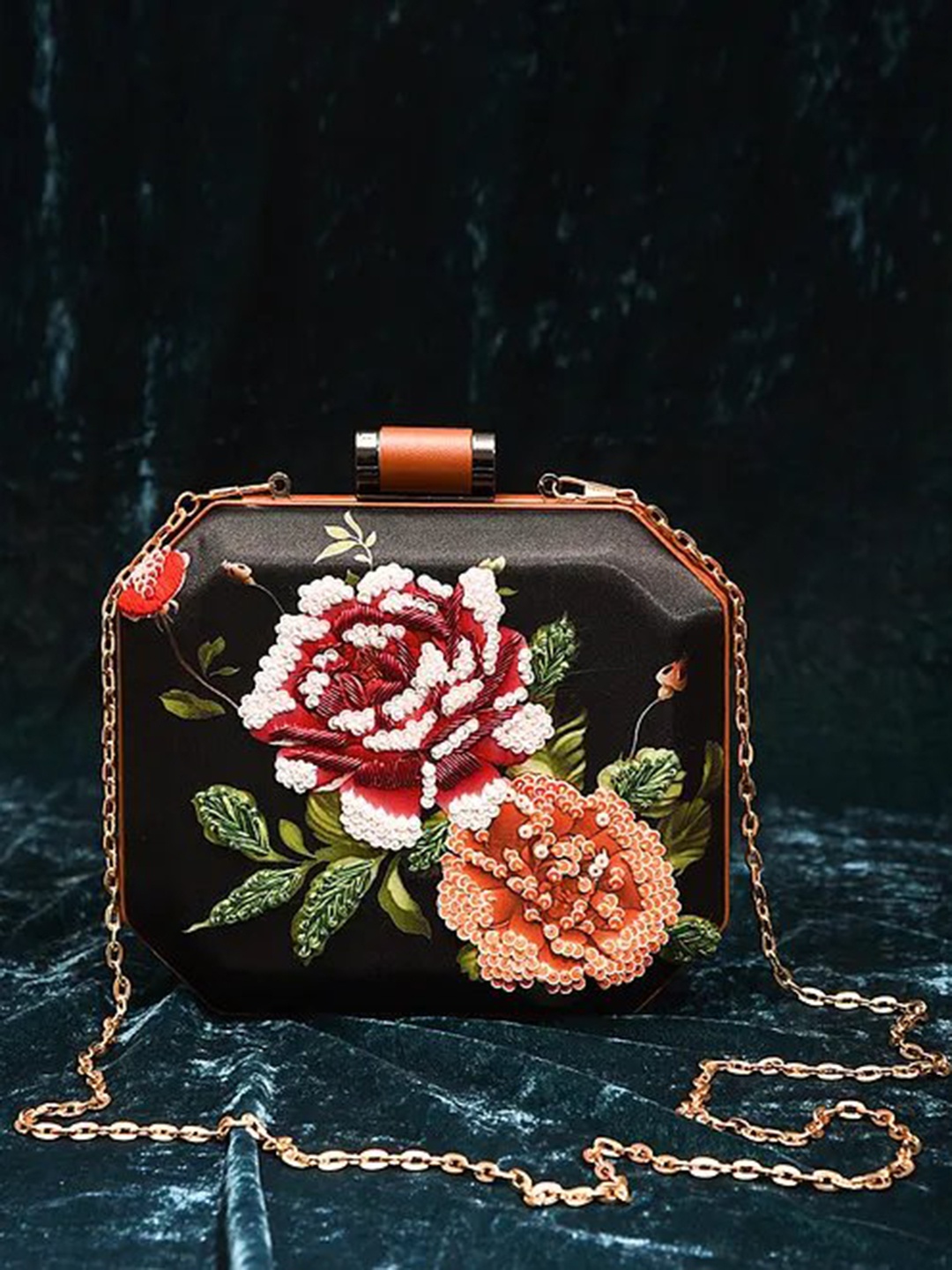 

Jalwa Art Floral Printed Embellished Box Clutch, Black