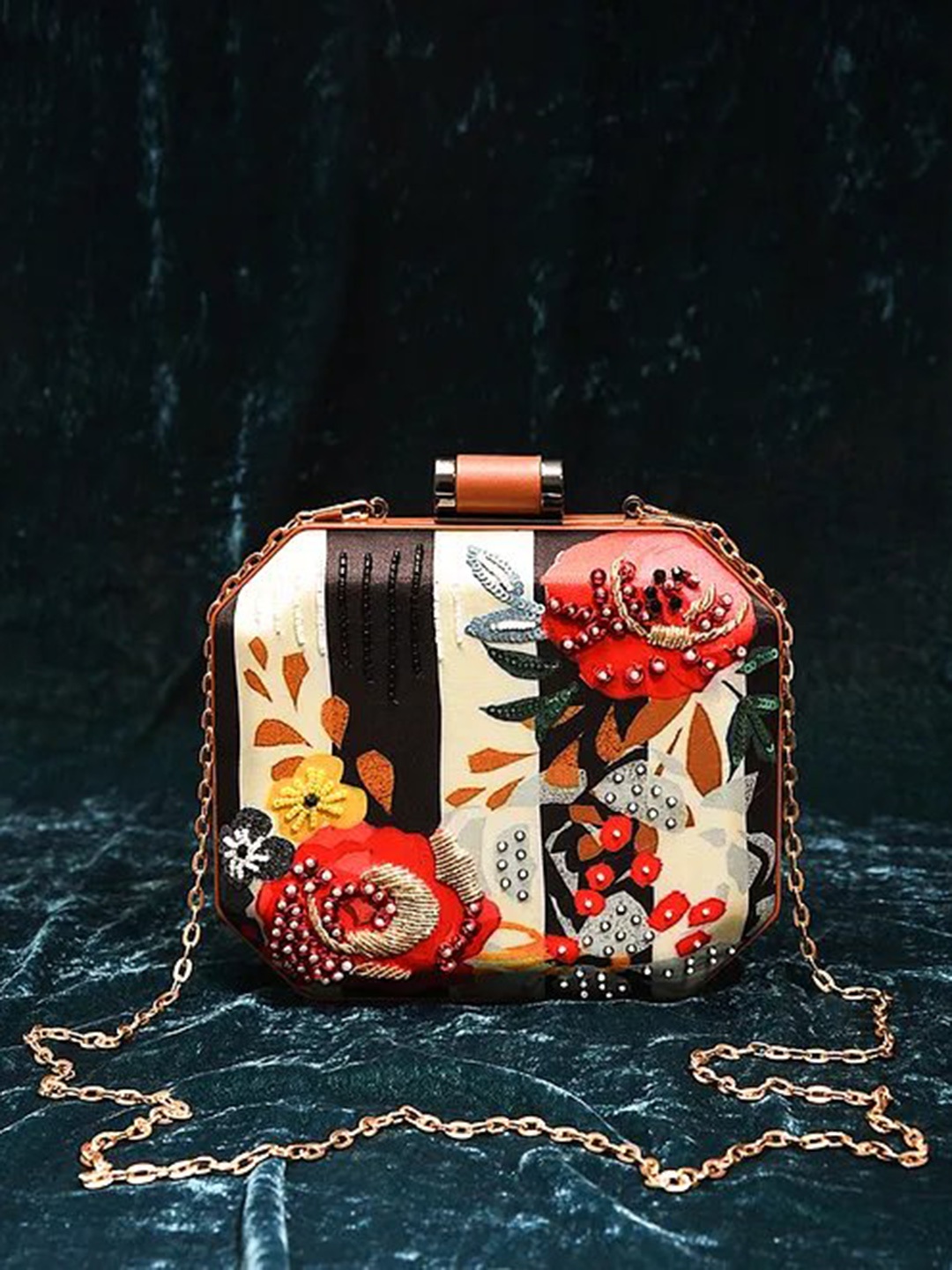 

Jalwa Art Floral Printed Embellished Box Clutch, Black