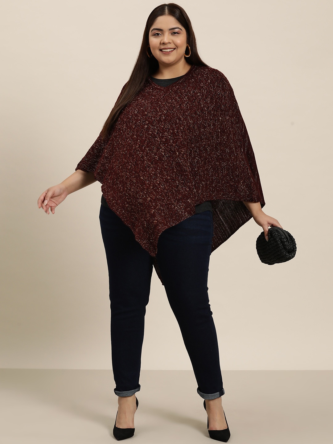 

Sztori Plus Size Acrylic Open Knit Poncho, Burgundy