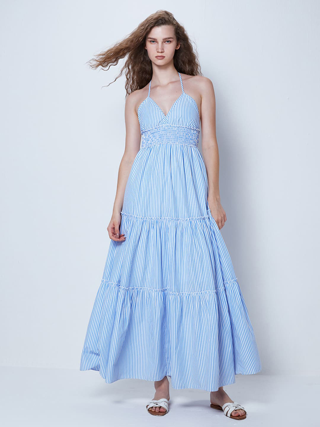 

COVER STORY Blue & White Striped Tie-Up Neck Smocked Detail Tiered Cotton Maxi Dress