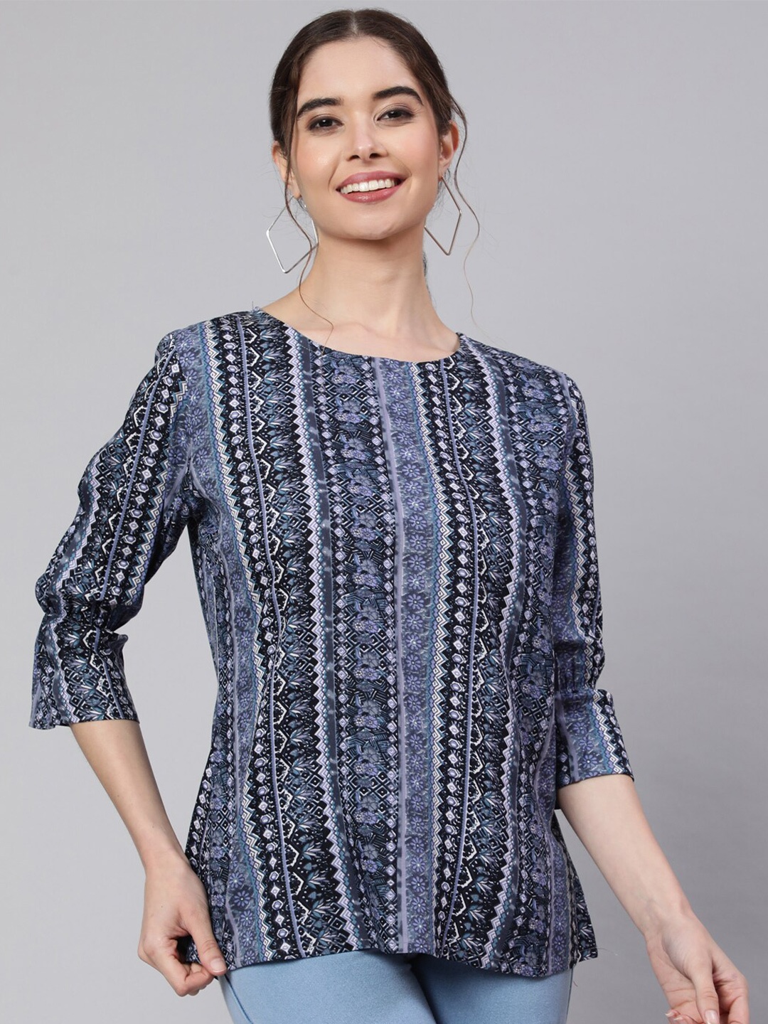 

SAK JAIPUR Ethnic Motifs Printed Bell Sleeves Top, Blue